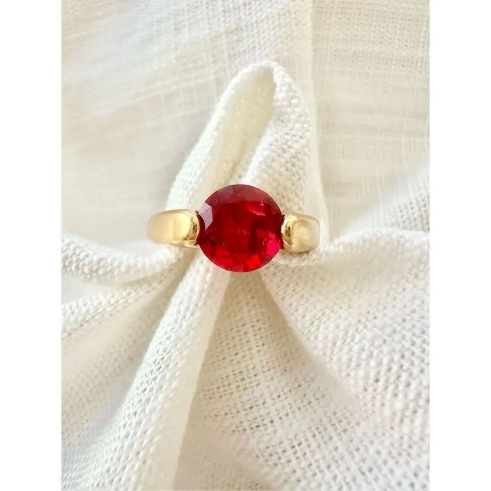 Ruby red cubic zirconia round cut ring
